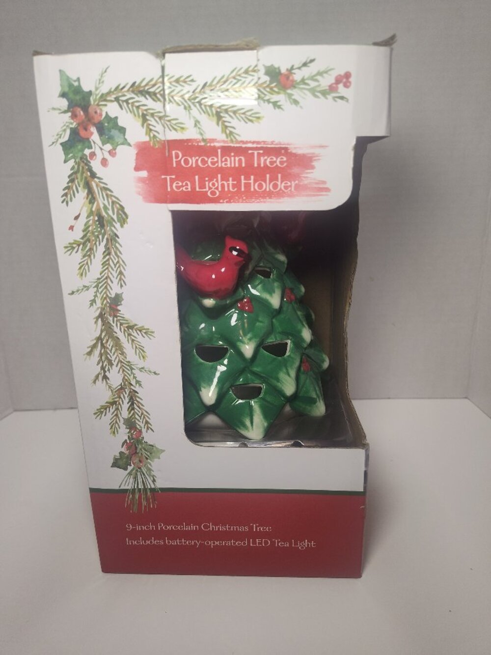 Porcelain Christmas Tree Tea Light Holder 9" Cardinals LED NIB PTCBTLH